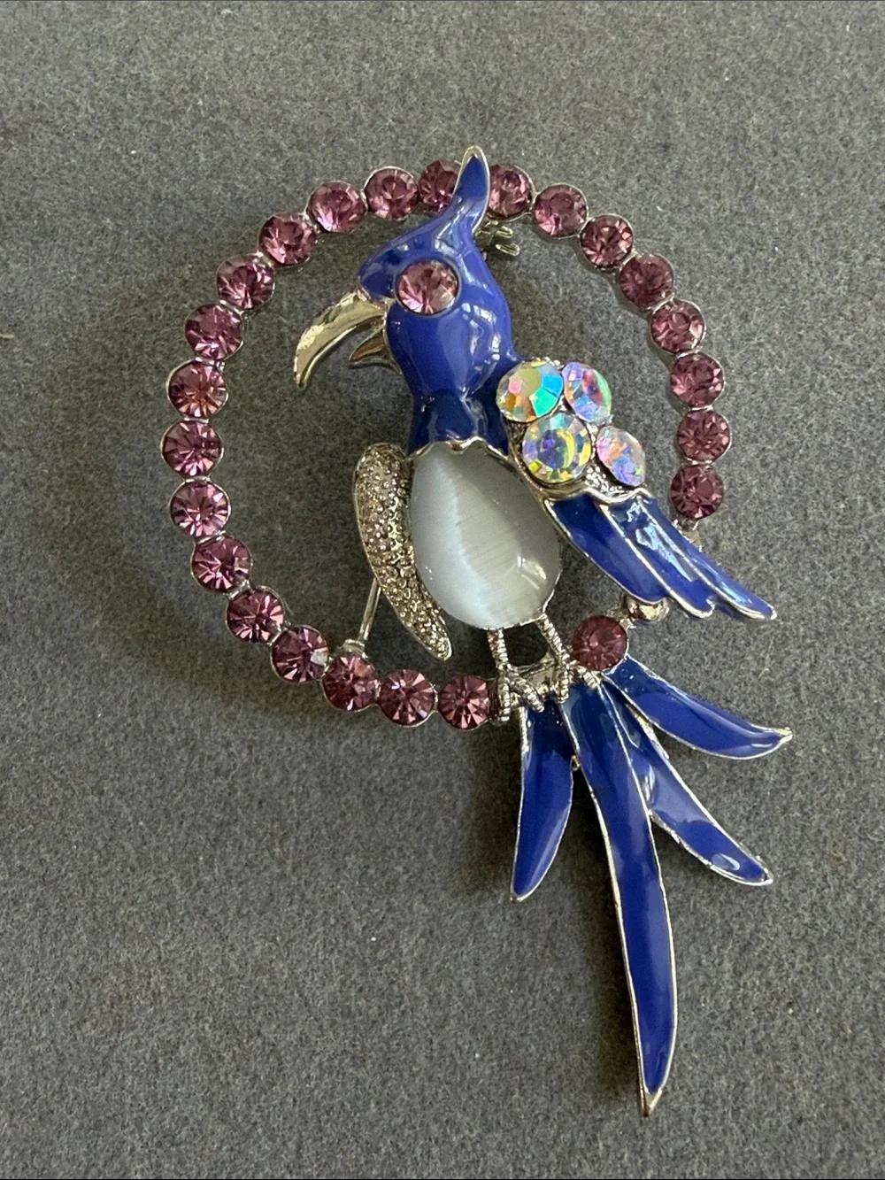 Vintage Blue Parrot Crystal Brooch Pin